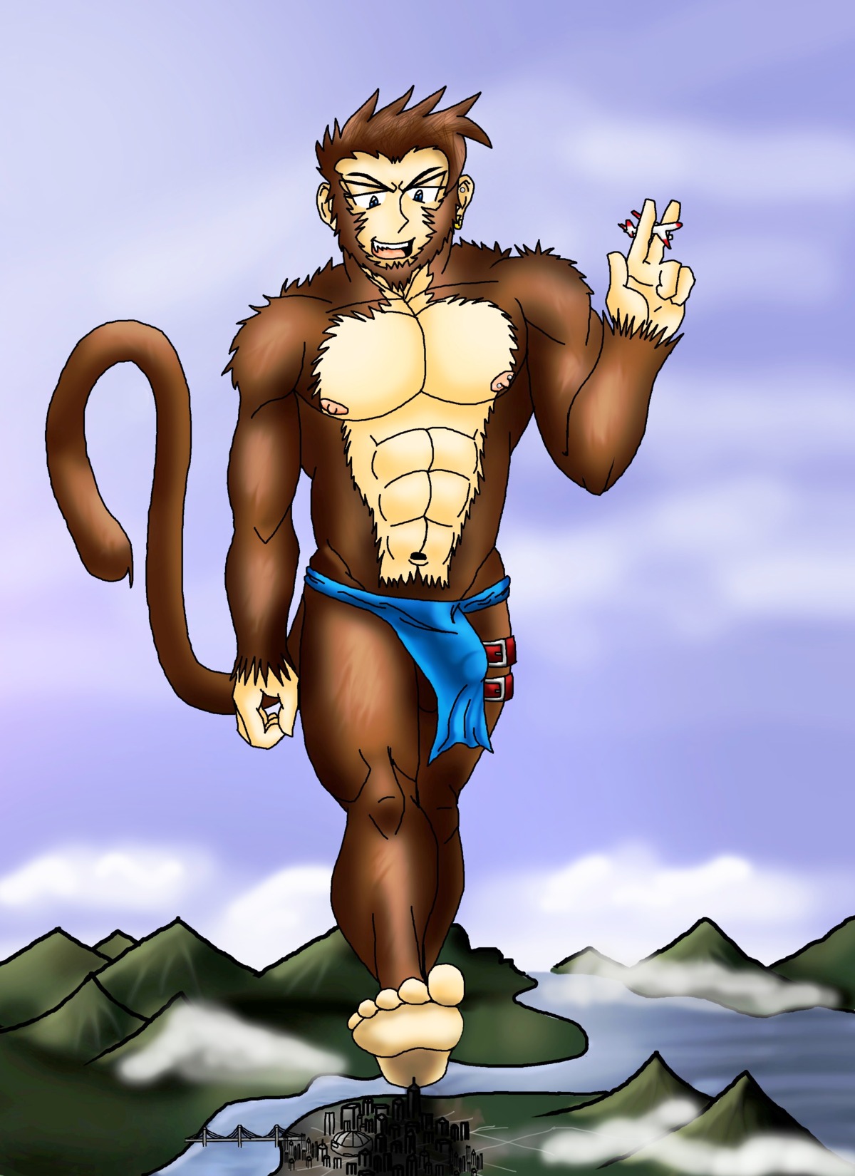abs absurd_res aircraft airplane bottomwear brown_body brown_fur bulge city clothed clothing cloud detailed_bulge e621 ear_piercing feet fur genital_outline genitals half-erect haplorhine hi_res hindpaw loincloth macro male mammal megasonic17 monkey muscular muscular_male navel nipples outside paws penis penis_outline piercing primate river skimpy sky solo vehicle