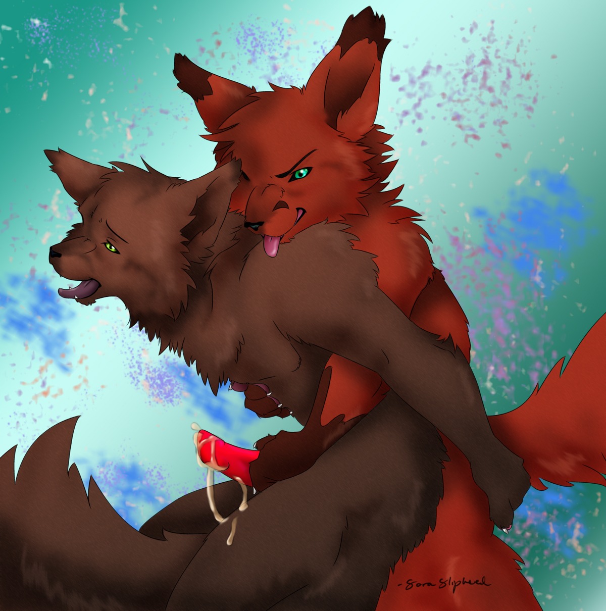 abstract_background anal anal_penetration animal_genitalia animal_penis anthro anthro_on_anthro bodily_fluids canid canine canine_genitalia canine_penis cum cum_on_penis cum_on_self duo e621 erection from_behind_position genital_fluids genitals green_eyes hi_res male male/male male_penetrated male_penetrating male_penetrating_male mammal nude open_mouth penetration penis reach_around sex soraslipheed tail tongue tongue_out