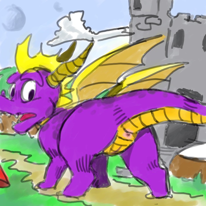 1:1 activision animal_genitalia anus butt dragon e621 european_mythology feral genital_slit genitals horn looking_back male membrane_(anatomy) membranous_wings mythological_creature mythological_scalie mythology open_mouth scalie solo spyro spyro_the_dragon tail tongue unknown_artist western_dragon wings