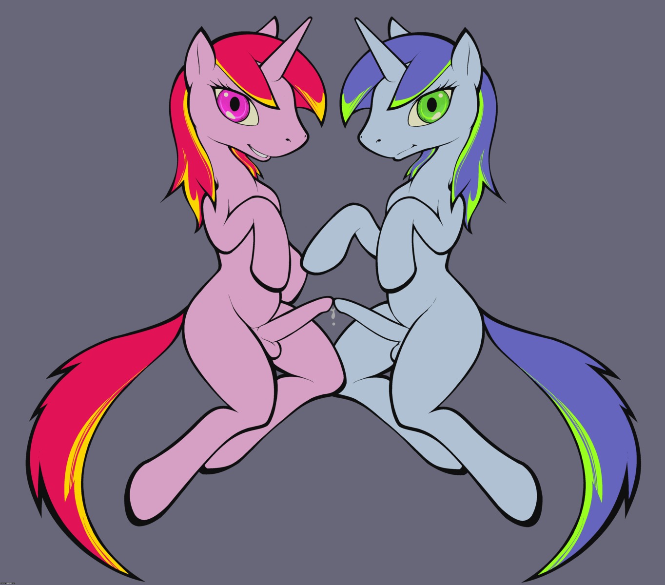 absurd_res anthro bodily_fluids colorful_theme darkdoomer duo e621 equid equine erection fan_character genital_fluids genitals gynomorph gynomorph/gynomorph hasbro hi_res horn intersex intersex/intersex mammal my_little_pony mythological_creature mythological_equine mythology penis precum symmetry touching_tips unicorn