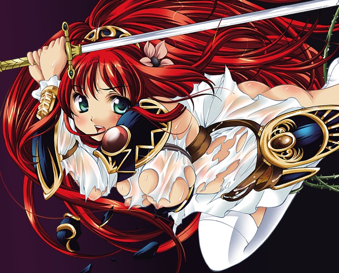 armor female green_eyes pointy_chin red_hair rule34 solo sword thighhighs torn_clothes weapon wet_clothes