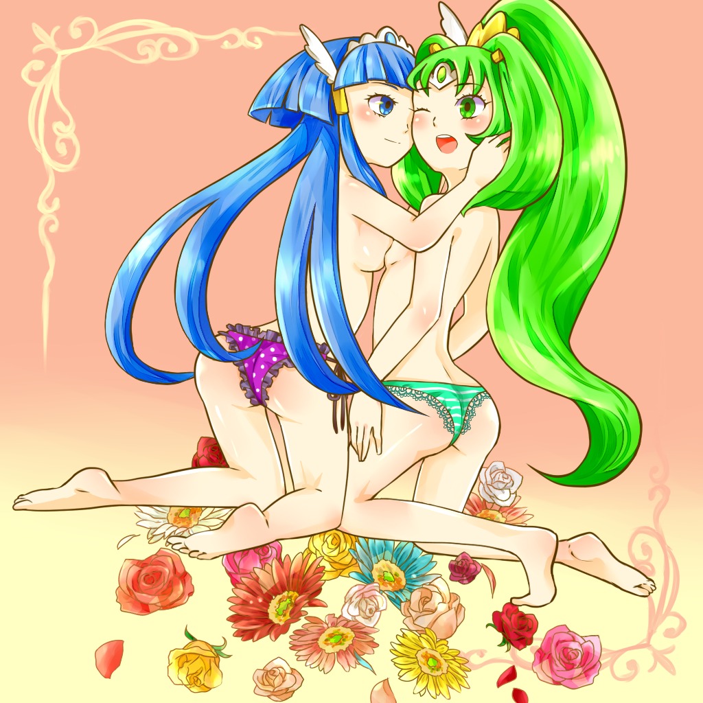 2girls aoki_reika blue_eyes blue_hair blush breasts cure_beauty cure_march female flowers green_eyes green_hair kaeru kneeling lace-trimmed_panties long_hair midorikawa_nao multiple_females multiple_girls one_closed_eyes open_mouth panties polka_dot_panties precure pretty_cure rose rule34 side-tie_panties small_breasts smile_precure striped striped_panties yuri