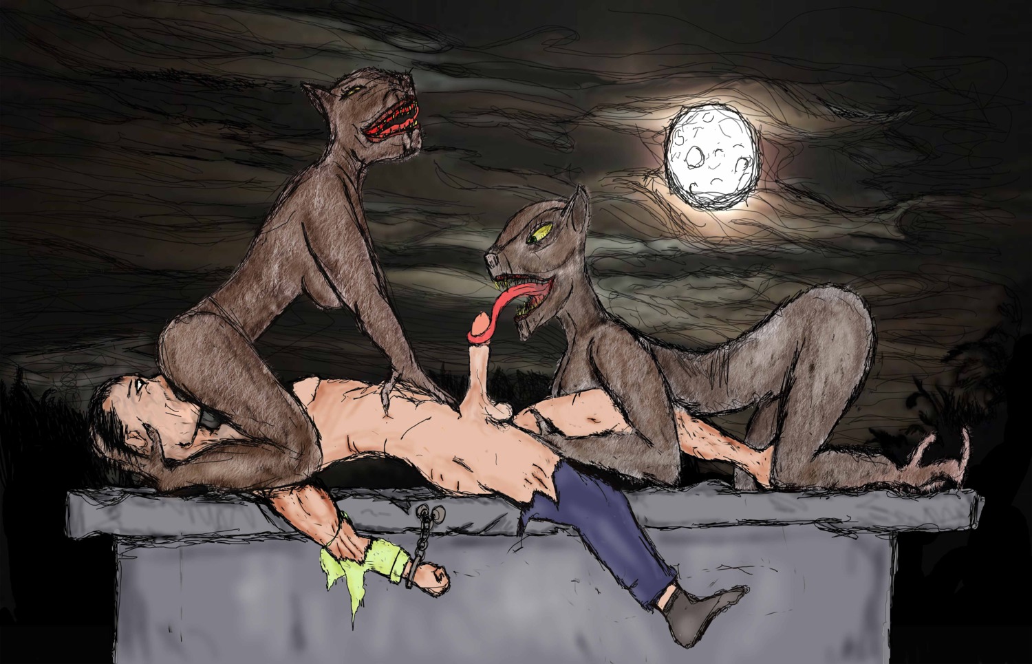 bondage female female_rapist furry human male male_rape_victim nude oral rape rule34 scratching straight