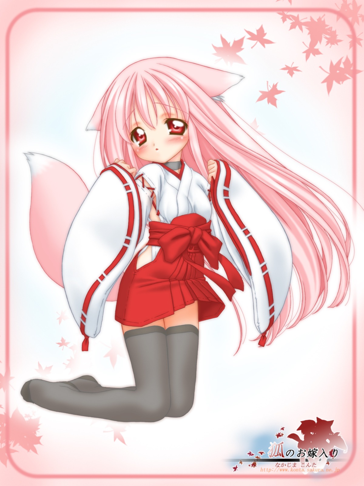 animal_ear animal_ears collar female fox_ear fox_ears fox_tail hakama high_res highres japanese_clothes long_hair miko momoyuki_(snow_fox) nakajima_konta pink_hair red_eyes rule34 snow_fox tail thighhighs wafuku zettai_ryouiki