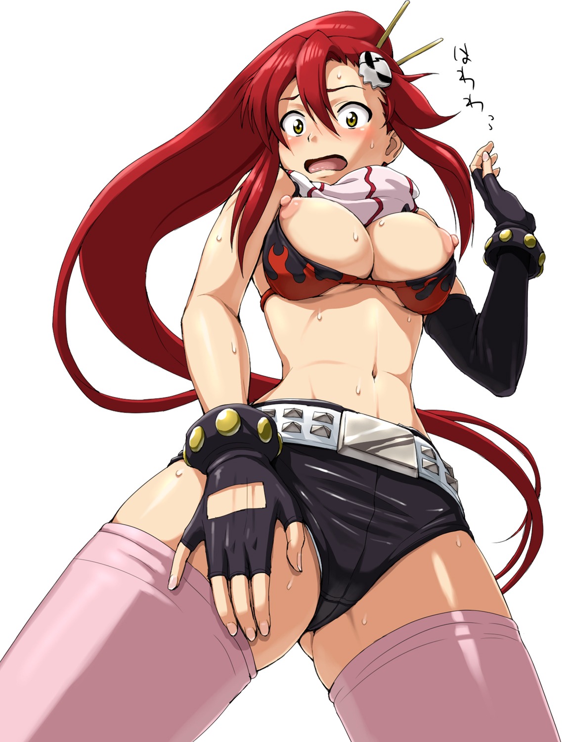 bikini_top blush breasts erect_nipples female gloves hi_res long_hair nigou nipple_slip nipples ponytail puffy_nipples red_hair rule34 shorts sweat swimsuit tengen_toppa_gurren_lagann thighhighs tied_hair yoko_littner