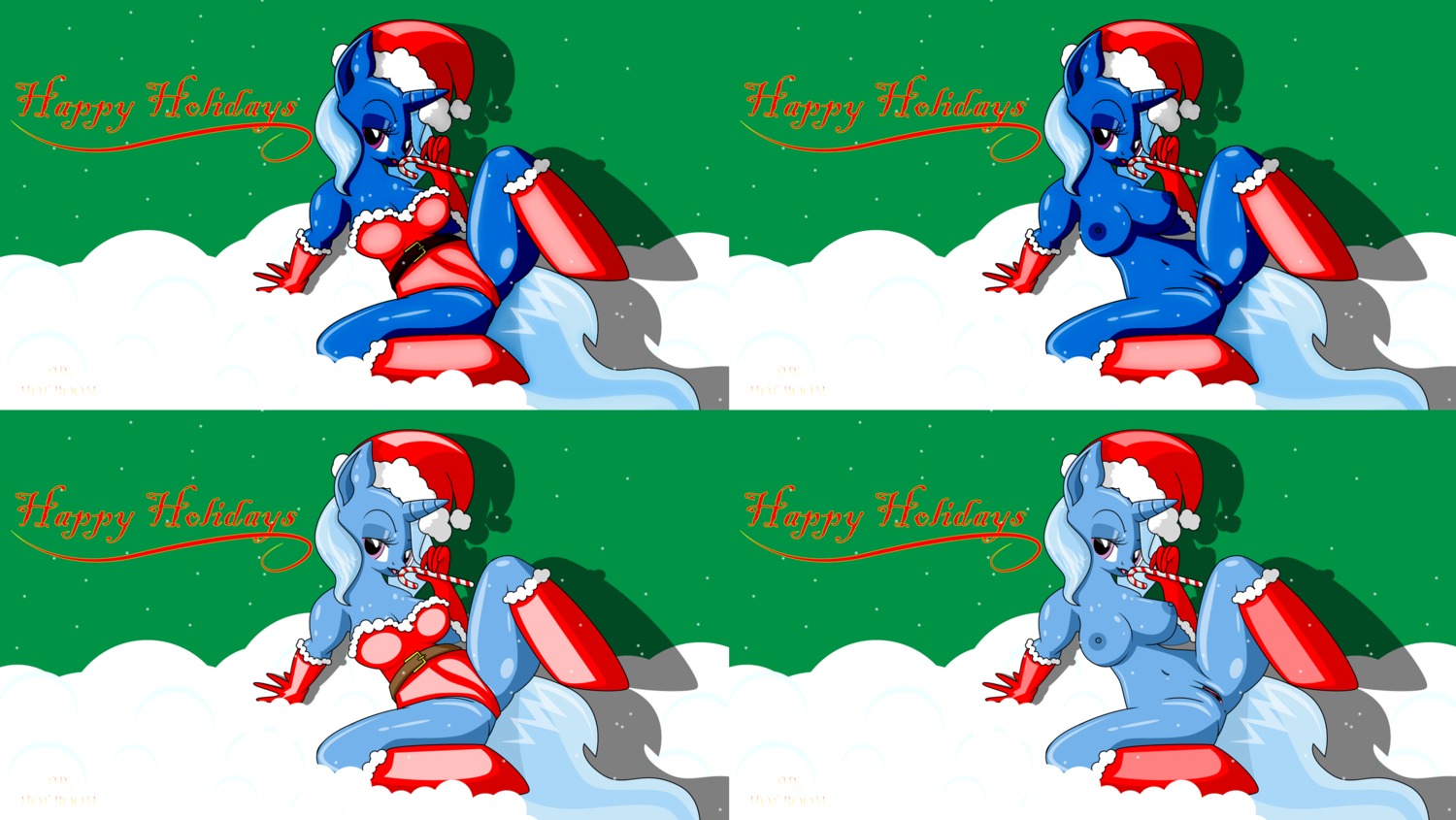 anthro anthrofied belt biped blue_body blue_fur breasts camel_toe candy candy_cane christmas cleavage clothed clothing cosplay costume dekomaru dessert e621 equid equine eyeshadow female food footwear friendship_is_magic fur genitals gloves green_background hair handwear hasbro hat headgear headwear hi_res holidays horn legwear looking_at_viewer makeup mammal mostly_nude multicolored_hair my_little_pony mythological_creature mythological_equine mythology navel nipples off/on partially_clothed pose purple_eyes santa_claus seasonal simple_background sitting skimpy snow socks solo spread_legs spreading text tongue tongue_out trixie_(mlp) two_tone_hair unicorn vulva