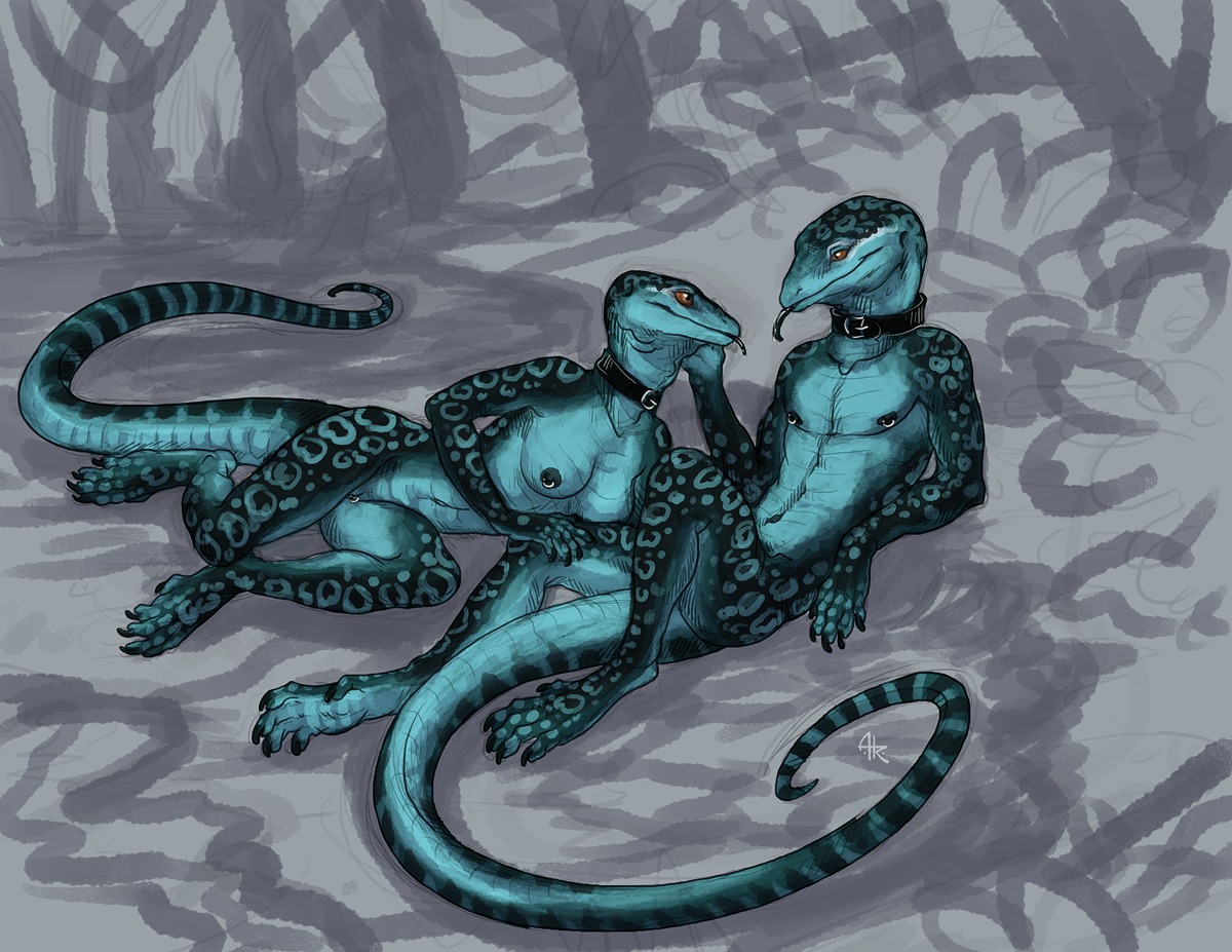 2013 abstract_background acidapluvia anthro breasts clitoris clitoris_piercing collar duo e621 eye_contact female genital_piercing genitals lizard looking_at_another male navel nipple_piercing nipples non-mammal_breasts non-mammal_nipples piercing reclining reptile romantic romantic_couple scalie simple_background tail tongue tongue_out vulva vulva_piercing