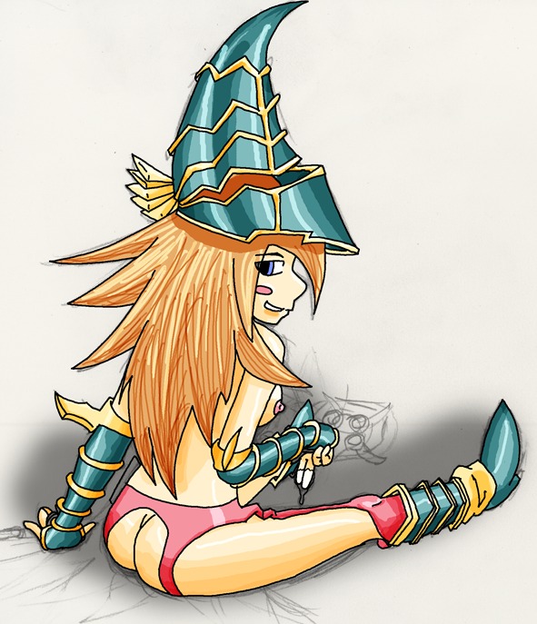 areola areolae ass blue_eyes blush boots breasts brown_hair female garters hat kohdoku looking_back magician's_valkyria nipples rule34 yu-gi-oh! yuu-gi-ou_duel_monsters