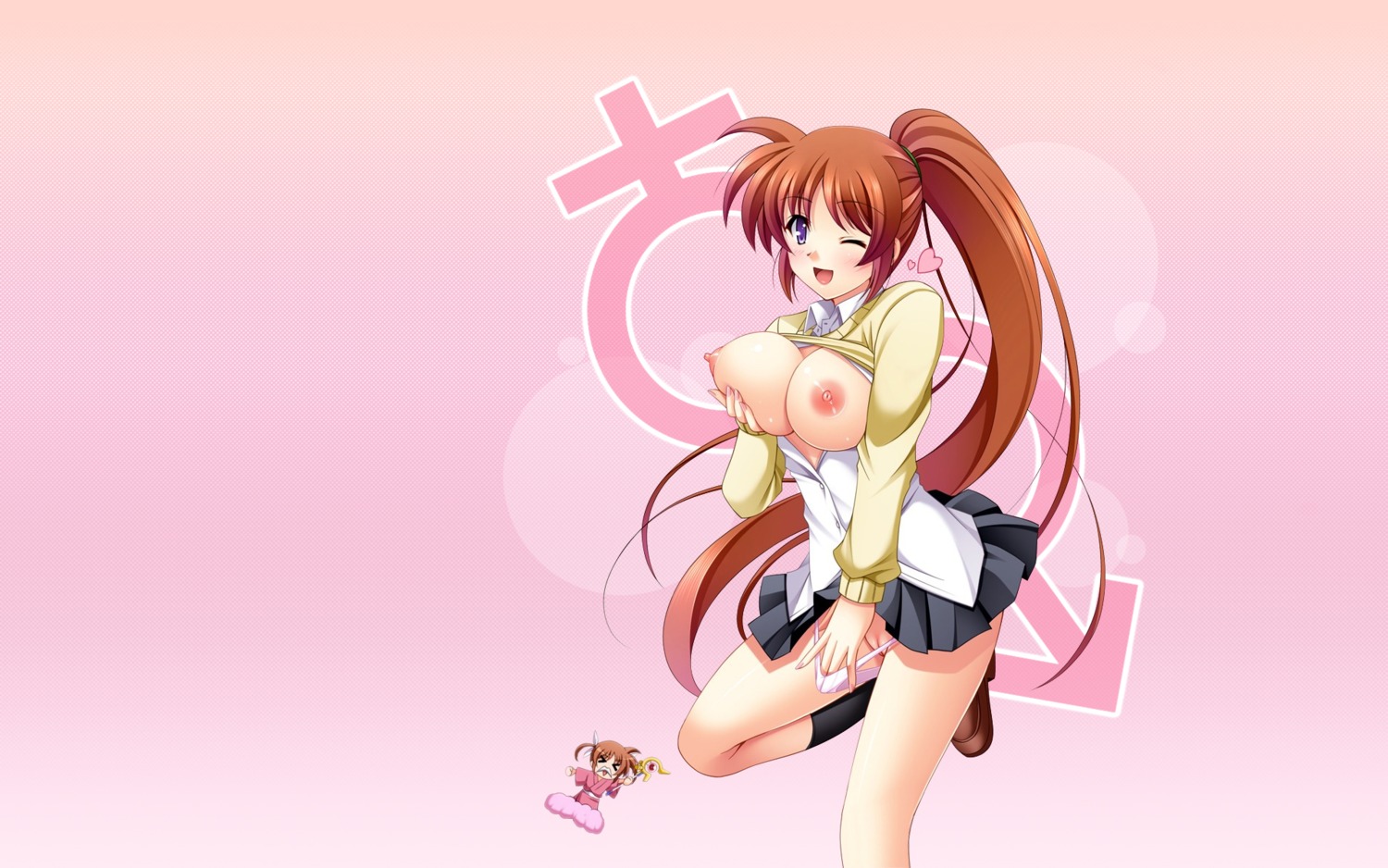 b-gata_h-kei blue_eyes breasts cosplay ero-gami_yamada female long_hair mahou_shoujo_lyrical_nanoha mahou_shoujo_lyrical_nanoha_strikers narutaki_shin open_clothes open_shirt panties panty_pull parody ponytail pussy rule34 shirt shirt_lift takamachi_nanoha tied_hair uncensored underwear yamada_(b-gata_h-kei)