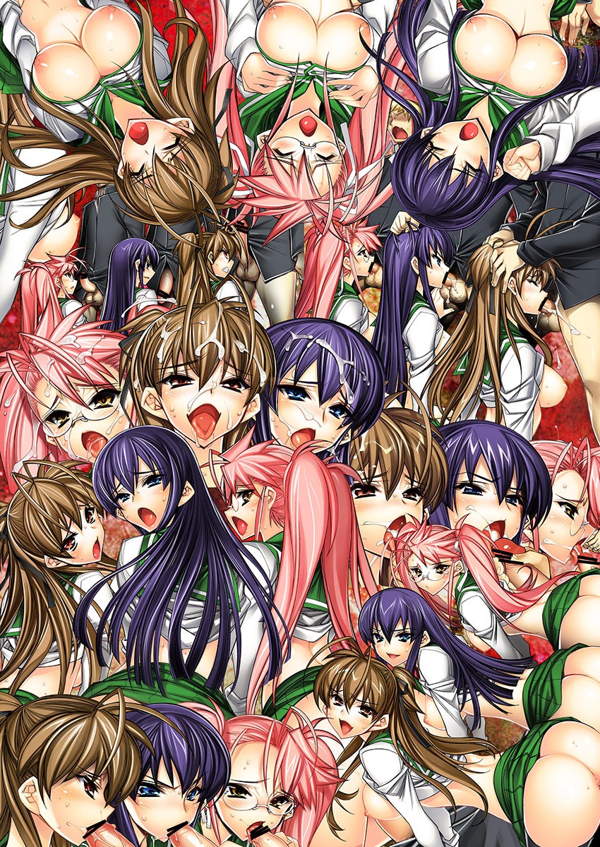 2d ass blue_eyes breasts brown_eyes brown_hair bukkake censored closed_eyes cum cum_in_mouth cum_inside cum_on_face cum_on_hair erection facial fellatio female female_focus genitals glasses green_skirt hair_grab hand_on_head hand_on_partner hand_on_partner's_head highres highschool_of_the_dead hiyohiyo human human_female human_male human_only large_breasts long_hair looking_at_viewer male multiple_penises nipples open_mouth oral penis pink_hair purple_hair rei_miyamoto saeko_busujima saya_takagi skirt smile smiling_at_viewer testicles yellow_eyes