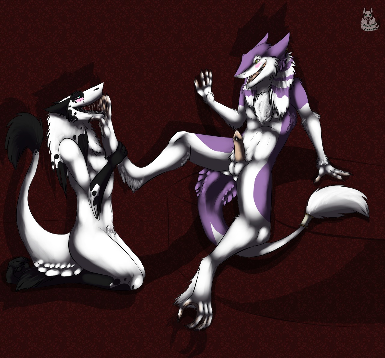 2012 4_toes anthro balls black_body black_fur black_nails blush claws colored_nails dantalian_letrou dantalian_letrou_(character) duo e621 erection feet female foot_fetish foot_grab foot_lick foot_play fur genitals green_eyes happy hindpaw humanoid_hands ideku licking male mammal multicolored_body multicolored_fur nails nude open_mouth pawpads paws penis purple_body purple_fur sergal simple_background sitting smile tail toe_claws toes tongue tongue_out two_tone_body two_tone_fur white_balls white_body white_fur