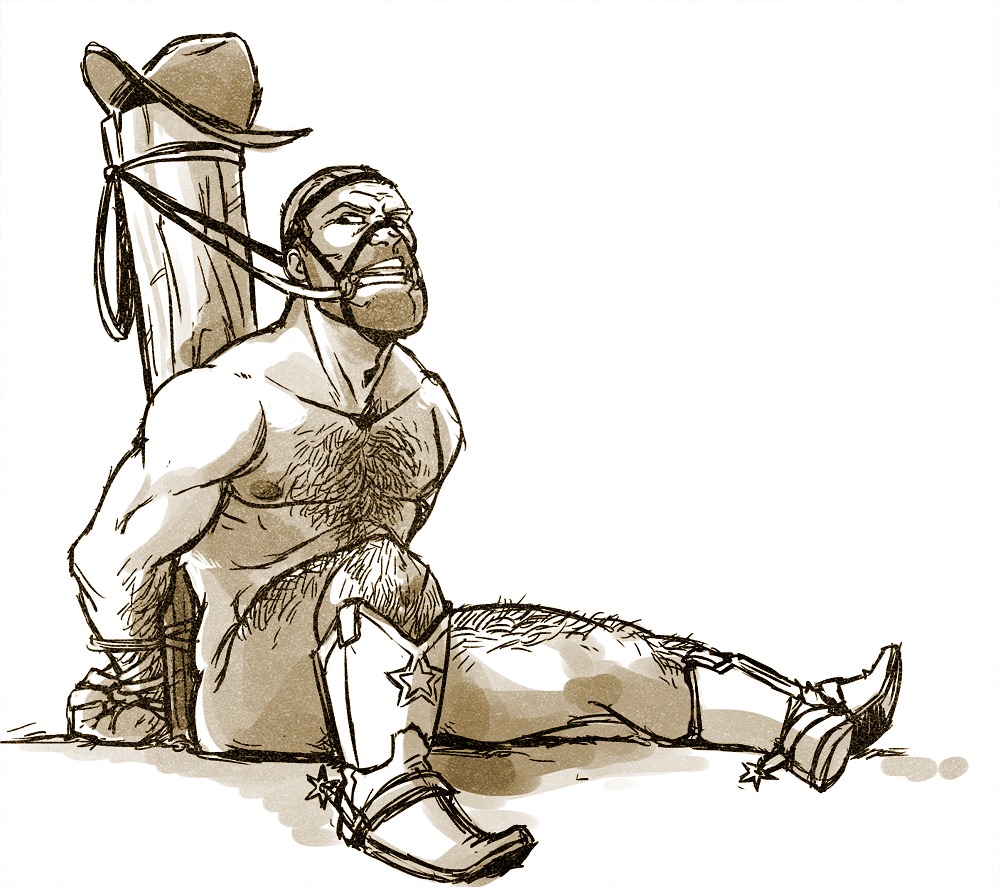 angry_face anonymonster bit_gag cowboy_boots cowboy_hat engineer_(team_fortress_2) erect_nipples gag hairy_chest legs_held_open looking_to_the_side male male_only naked_footwear nipples no_visible_genitalia post reins restrained rule34 sketch solo spurs team_fortress_2 tied_hands