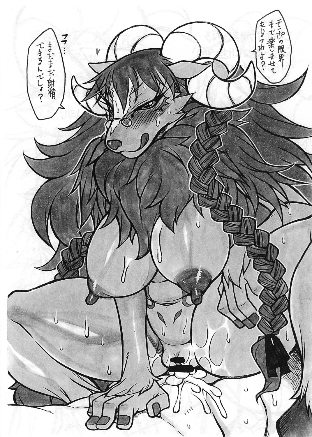 anthro baphomet_(deity) big_breasts black_sclera blush bodily_fluids bovid breasts caprine caprine_demon censored chest_tuft cum cum_in_vagina cum_inside deity demon duo e621 emerelda_(mayoineko) eyewear female female_on_human female_penetrated fur genital_fluids genitals glasses goat goat_demon greyscale hi_res horn human japanese_text licking licking_lips male male/female male_penetrating male_penetrating_female mammal mayoineko monochrome nipples penetration penile penile_penetration penis_in_vagina self_lick sex text tongue tongue_out traditional_media_(artwork) translated tuft vaginal vaginal_penetration vulva