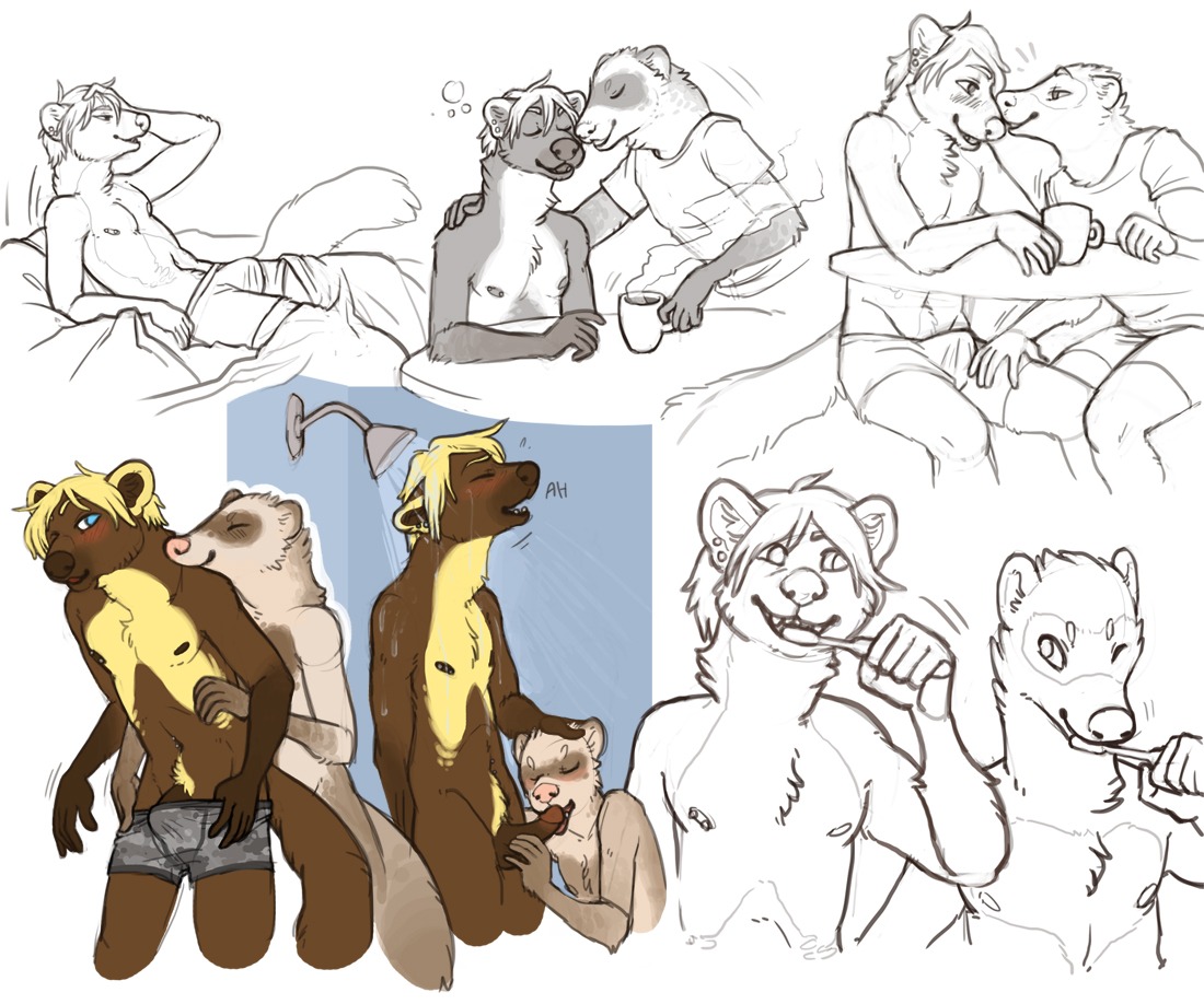 alain_ferret anthro bed beverage body_hair brush carter_reise coffee cuddling domestic_ferret duo e621 erection fellatio food furniture genitals gulonine happy_trail kissing licking male male/male male_penetrated male_penetrating male_penetrating_male mammal marten matuska morning_wood mustelid musteline oral penetration penile penis penis_lick pine_marten pubes romantic romantic_couple sex shower tongue tongue_out toothbrush true_musteline water weasel