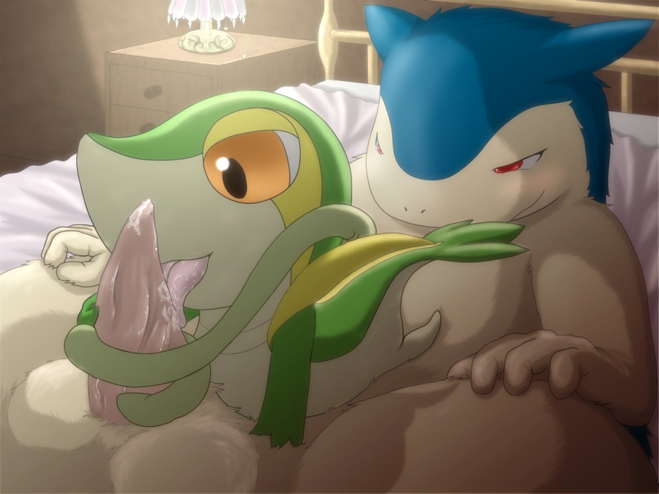 4:3 ambiguous_gender bed bedroom blush bodily_fluids cum cum_in_mouth cum_inside duo e621 erection feral furniture generation_2_pokemon generation_5_pokemon genital_fluids genitals inside larger_male licking male nintendo oral penile penis penis_lick pokemon pokemon_(species) sex size_difference smaller_ambiguous snivy tapering_penis tongue tongue_out typhlosion vinejob waffle32547
