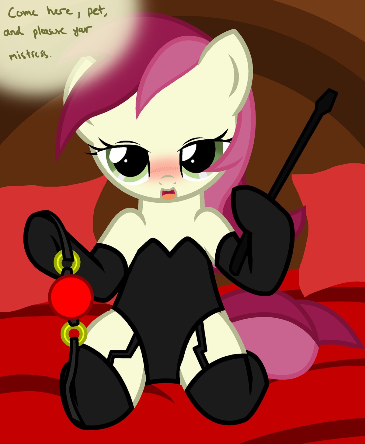 2013 ball_gag bdsm bed black_clothing black_legwear black_stockings black_thigh_highs blush clothed clothing dark_legwear dark_stockings dark_thigh_highs dominatrix e621 earth_pony english_text equid equine female friendship_is_magic furniture gag green_eyes hair hasbro hi_res horse legwear looking_at_viewer mammal monotone_clothing monotone_legwear monotone_stockings monotone_thigh_highs my_little_pony open_mouth pillow pink_hair pony pyruvate riding_crop rose_(mlp) solo stockings suggestive text thigh_highs thigh_stockings whip