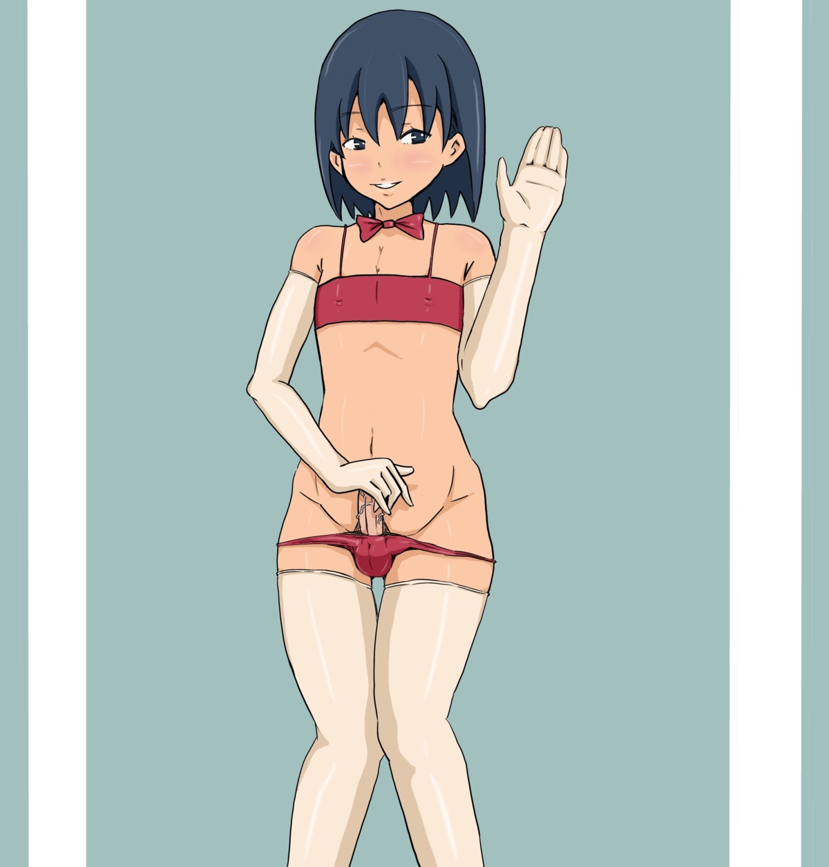 1boy blue_eyes blue_hair bow_tie bowtie erection gloves halter_top highres legwear male penis rule34 solo stockings thighhighs thong trap