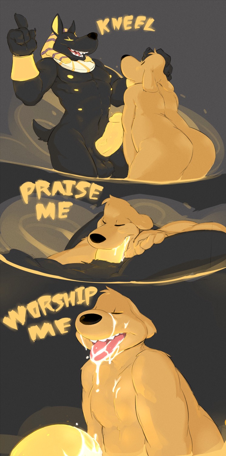 2013 anthro anubian_jackal anubis balls belly black_body black_fur bodily_fluids body_worship bracelet butt canid canine canis cum cum_drip cum_in_mouth cum_inside cum_on_chest cum_on_face cum_on_muzzle cum_on_penis cum_on_tongue deity dialogue digital_drawing_(artwork) digital_media_(artwork) domestic_dog dripping duo e621 egyptian egyptian_mythology english_text erection eyes_closed fellatio fur genital_fluids genital_worship genitals glowing glowing_genitalia glowing_penis hi_res humanoid_genitalia humanoid_penis jackal jewelry male male/male male_penetrated male_penetrating male_penetrating_male mammal middle_eastern_mythology multi_nipple mythology nipples nude open_mouth oral oral_penetration overweight penetration penile penis penis_worship sam_and_max samuel_dog seth-iova sex slightly_chubby submissive text thick_penis tongue tongue_out yellow_body yellow_fur yellow_nipples yellow_penis