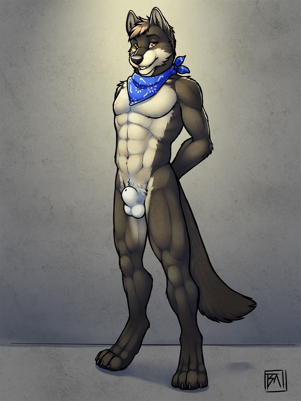 2014 3:4 4_toes abs animal_genitalia anthro athletic balls biceps biped black_nose blue_clothing blue_kerchief blue_neckerchief brown_eyes brown_hair canid canine canis claws clothed clothing countershading detached_sheath digitigrade domestic_dog e621 fangs feet fully_sheathed fur genitals grey_body grey_claws grey_ears grey_fur grey_tail grin hair hands_behind_back hi_res hindpaw kerchief kerchief_only looking_at_viewer male mammal mostly_nude multicolored_body multicolored_fur muscular muscular_anthro muscular_male navel neckerchief neckerchief_only neckwear nude pattern_clothing pattern_kerchief pattern_neckerchief paws pecs pose quads sheath simple_background smile snout solo standing tail teeth toe_claws toes tsaiwolf two_tone_body two_tone_fur white_balls white_body white_countershading white_fur white_sheath
