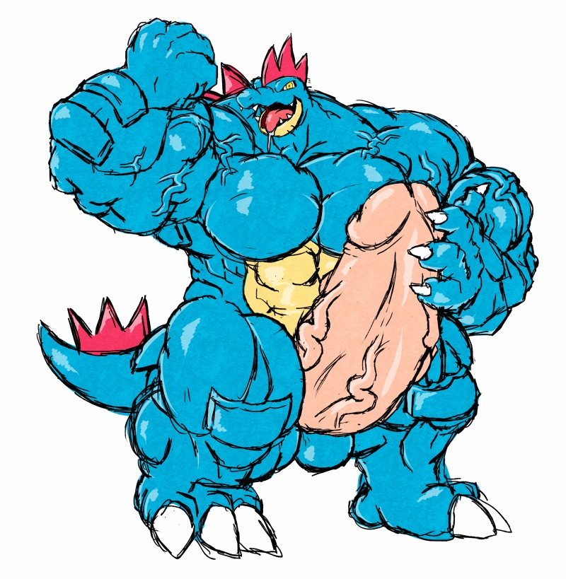 abs animal_genitalia anthro balls biceps big_muscles big_penis biped blue_body blue_skin bodily_fluids claws e621 erection fangs feraligatr flexing generation_2_pokemon genitals huge_muscles huge_penis hyper hyper_genitalia hyper_penis kinnikudragon looking_at_viewer male muscular muscular_anthro muscular_male nintendo nude open_mouth pecs penis pink_penis pokemon pokemon_(species) pokemorph pose saliva scalie sheath simple_background solo standing teeth toe_claws tongue tongue_out vein white_background yellow_eyes