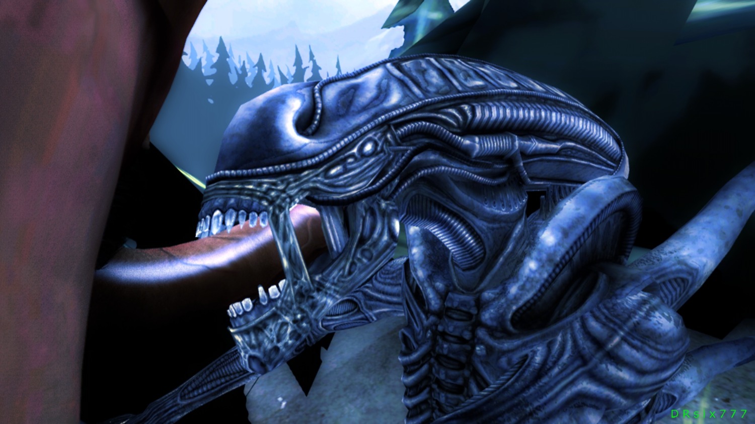 16:9 2012 3d_(artwork) alien alien_(franchise) alien_vs._predator_(franchise) cheek_window digital_media_(artwork) drakansix777 drsix777 duo e621 erection fellatio genitals hi_res male oral oral_penetration penetration penile penis sex teeth widescreen xenomorph