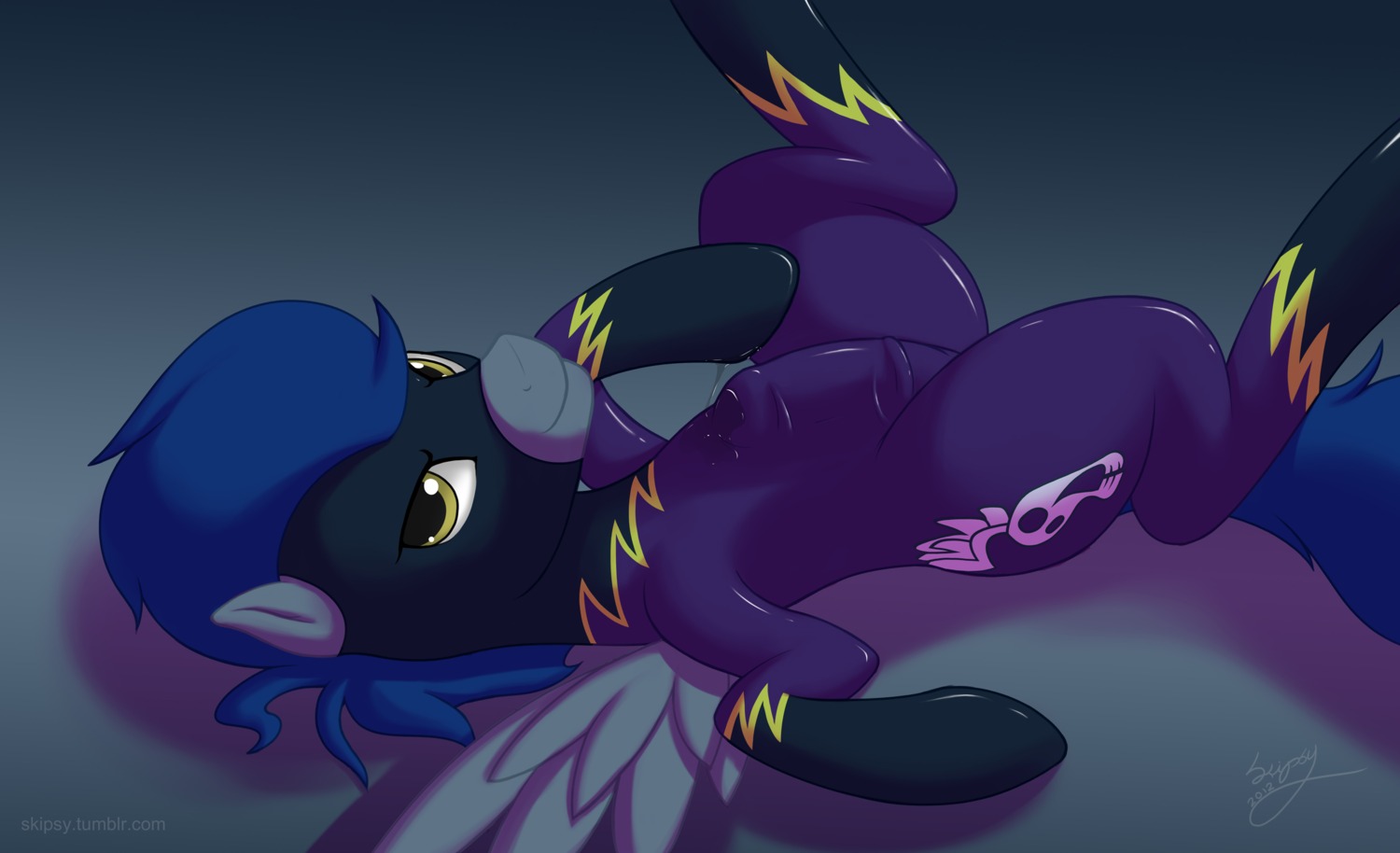 blue_body blue_feathers bodily_fluids bulge clothed clothing e621 equid equine erection feathered_wings feathers feral flight_suit friendship_is_magic genital_fluids genitals hasbro hi_res looking_at_viewer lying male mammal my_little_pony mythological_creature mythological_equine mythology on_back pegasus penis precum quadruped shadowbolts_(mlp) skipsy solo tail wings