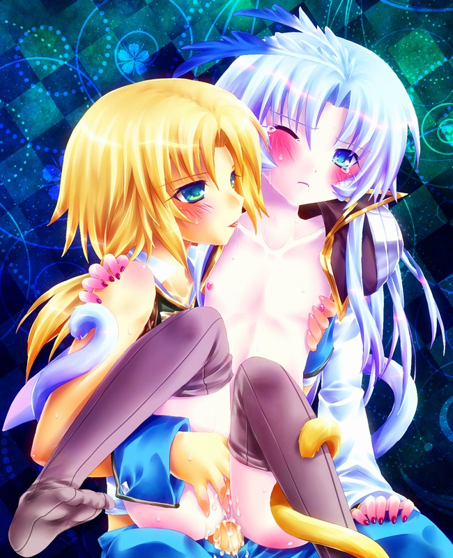 blonde_hair blue_eyes cum final_fantasy final_fantasy_ix kuja long_hair male minatosaiga nail_polish penis rule34 silver_hair tail thighhighs trap trap_on_trap wince yaoi zidane_tribal