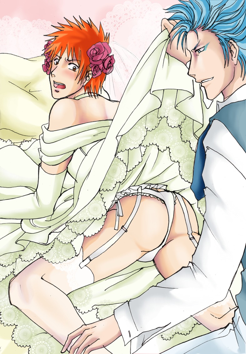 2boys bleach bride bride_gown crossdressing femboy garter garter_belt garter_straps gay grimmjow_jaegerjaquez hair_flower ichigo_kurosaki male male_bride male_only male_wife panties penis penis_under_dress rose_in_hair rule34 stockings tagme thighhighs thong wedding wedding_dress wedding_veil yaoi