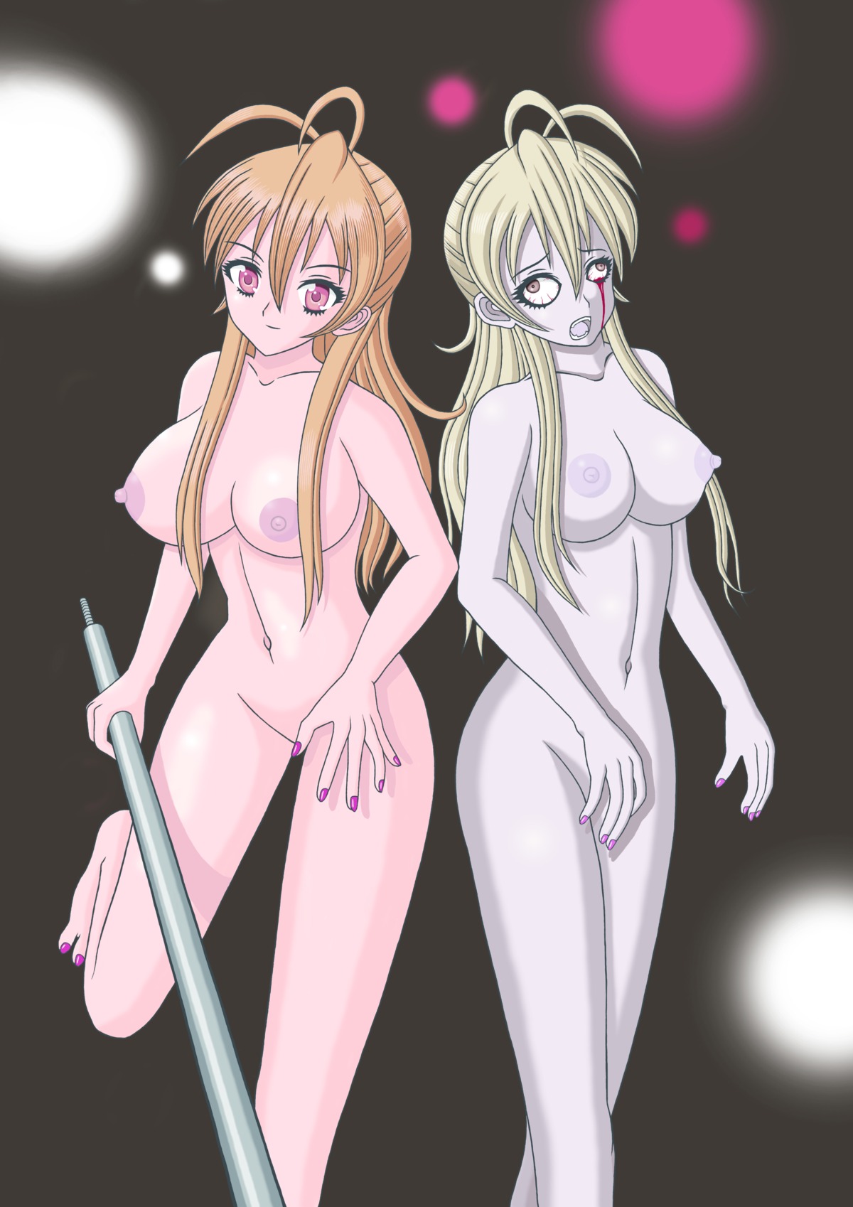 blood breasts dual_persona female high_resolution highschool_of_the_dead nipples nude orange_hair pale_skin rei_miyamoto rule34 zombie
