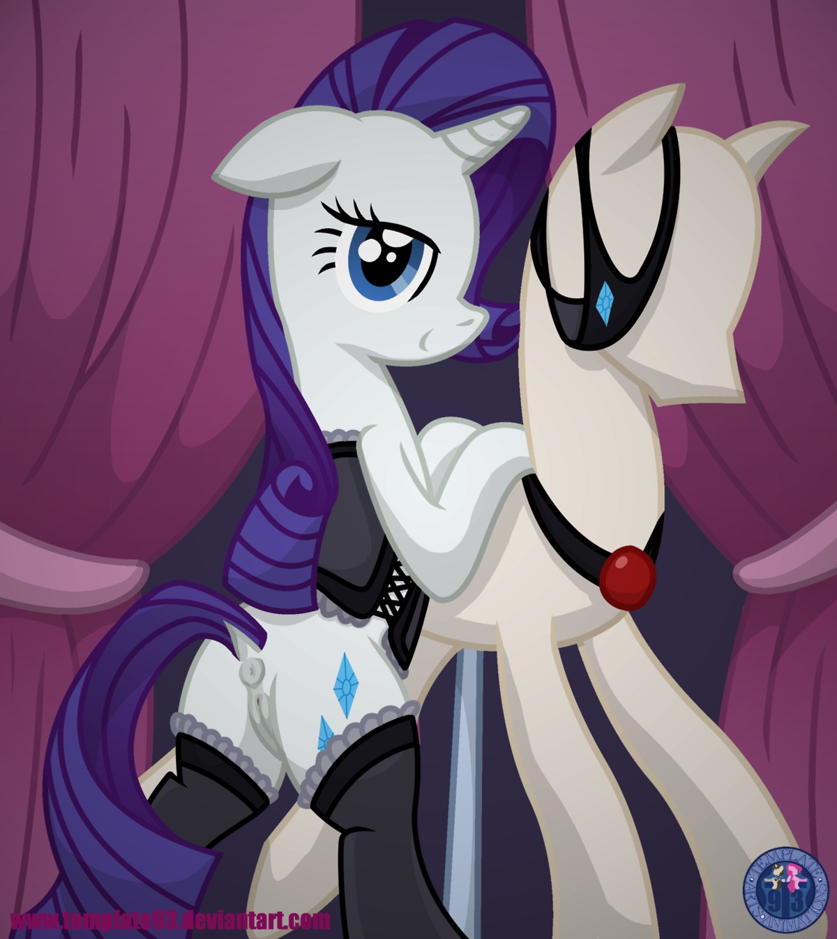 2013 anus ball_gag blue_eyes clothing corset cutie_mark e621 equid equine female feral friendship_is_magic fur gag genitals hasbro hi_res horn legwear lingerie looking_at_viewer mammal mannequin my_little_pony mythological_creature mythological_equine mythology rarity_(mlp) solo stockings tail template93 topwear underwear unicorn vulva white_body white_fur
