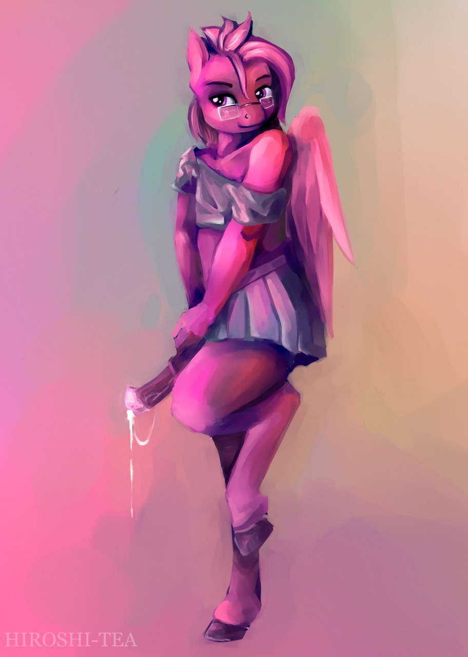 2013 anthro anthrofied biped bodily_fluids bottomwear clothed clothing crossdressing e621 english_text equid equine erection feathered_wings feathers femboy genital_fluids genitals hair hasbro hi_res hiroshi-tea male mammal my_little_pony mythological_creature mythological_equine mythology pegasus penis precum simple_background skirt smile solo standing sweet_strokes text wings