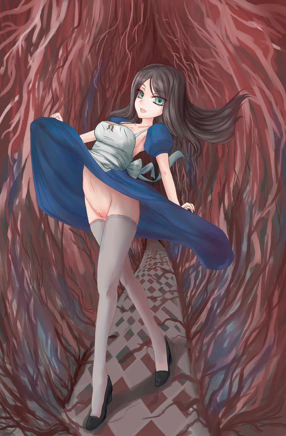1girls 2d alice_(madness_returns) alice_in_wonderland alice_liddell alice_madness_returns american_mcgee's_alice artist_request black_hair bottomless breasts dress dress_lift female female_only green_eyes highres no_panties pussy rule34 sideboob solo solo_female thighhighs uncensored