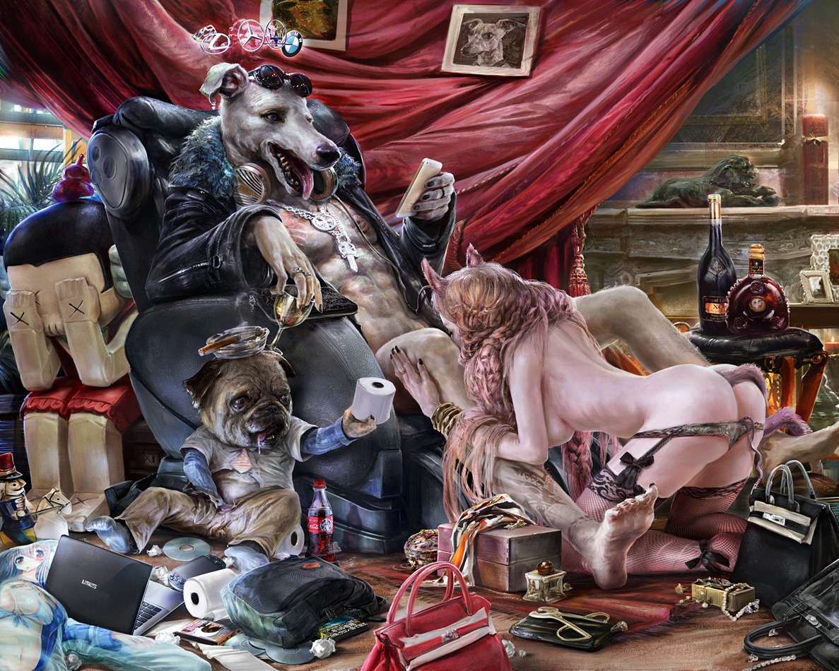 abs anthro butt canid canine canis clothing clutter detailed detailed_background domestic_dog domestic_pig e621 fellatio female group human human_on_anthro interspecies lingerie male male/female mammal muscular noah-kh nude oral pecs penile realistic remy_martin_louis_xiii sex suid suine sus_(pig) what
