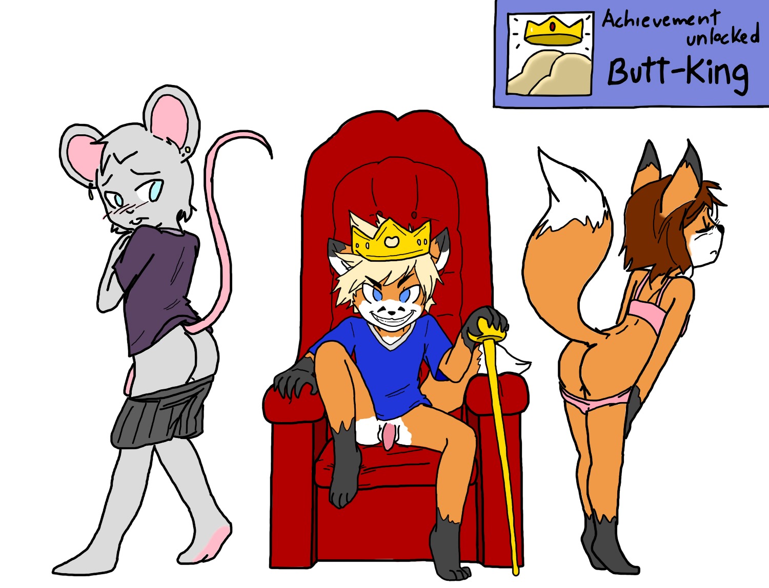 achievement achievement_overlay achievement_unlocked anthro arms_bent bent_leg bent_legs bent_over bottomless bottomwear brown_hair butt canid canine chair clothed clothing crossdressing crown e621 extended_arms female femboy flaccid fox furniture genitals group hair hand_on_leg hand_on_own_leg hand_on_own_thigh hand_on_thigh head_turned headgear holding_leg holding_thigh king kiyoshi_fox_(colorist) leaning_on_self leg_markings leg_over_edge legs_together looking_at_viewer looking_back male male/male mammal markings mouse murid murine over_edge overlay panties panties_down pants partially_clothed penis plantigrade presenting presenting_hindquarters raised_hand raised_heel resting_arm rodent royalty scepter shirt shouk sitting sketch socks_(marking) standing straight_leg straight_legs throne topwear tucked_arm tycloud underwear underwear_down