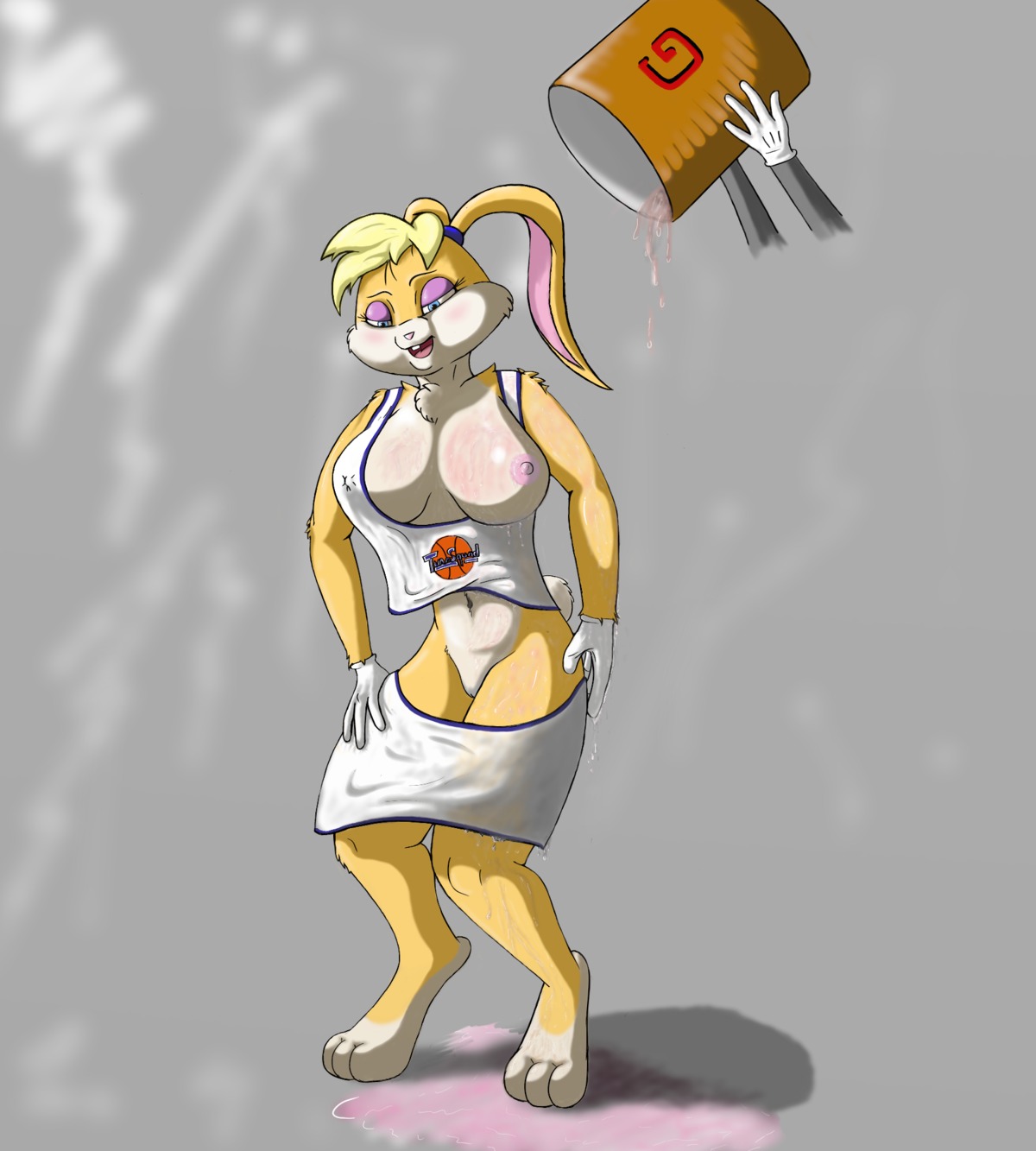 anthro basketball big_breasts breasts bucket butt chavez clothing container e621 embarrassed exposed exposed_breasts female fluffy genitals hi_res humiliation lola_bunny looney_tunes mean one_breast_out prank public shirt solo space_jam spiral text text_on_clothing text_on_shirt text_on_topwear topwear tune_squad_outfit tune_squad_outfit_(1996) vulva wardrobe_malfunction warner_brothers wet