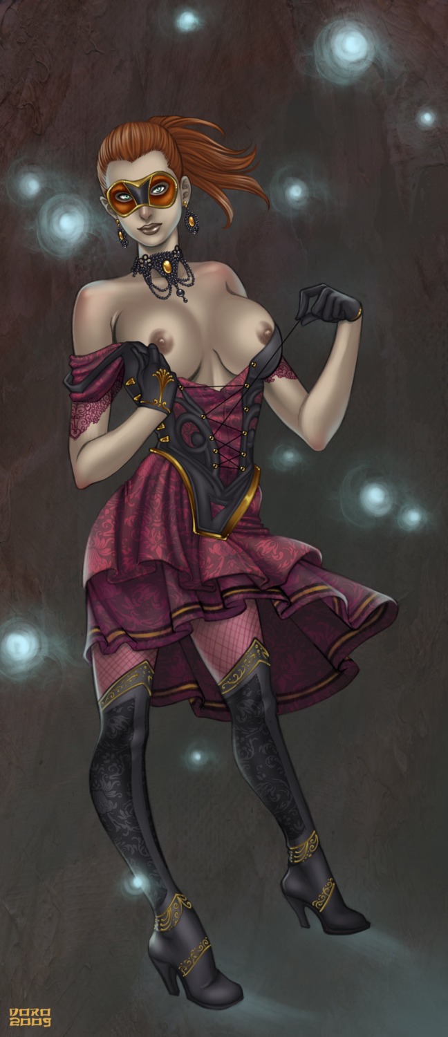 1girls 2009 areolae breasts breasts_out brown_hair corset earrings female female_only gloves guild_wars high_heel_boots looking_at_viewer mask masked_female mesmer nipples ponytail rule34 skirt solo solo_female stregatto10 tagme