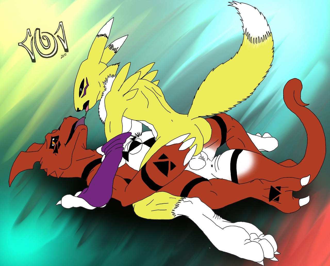 anthro canine color cowgirl_position digimon digimon_(species) female fox fur furry guilmon interspecies male monster_boy nude renamon reptile rule34 scalie sex side_view tagme