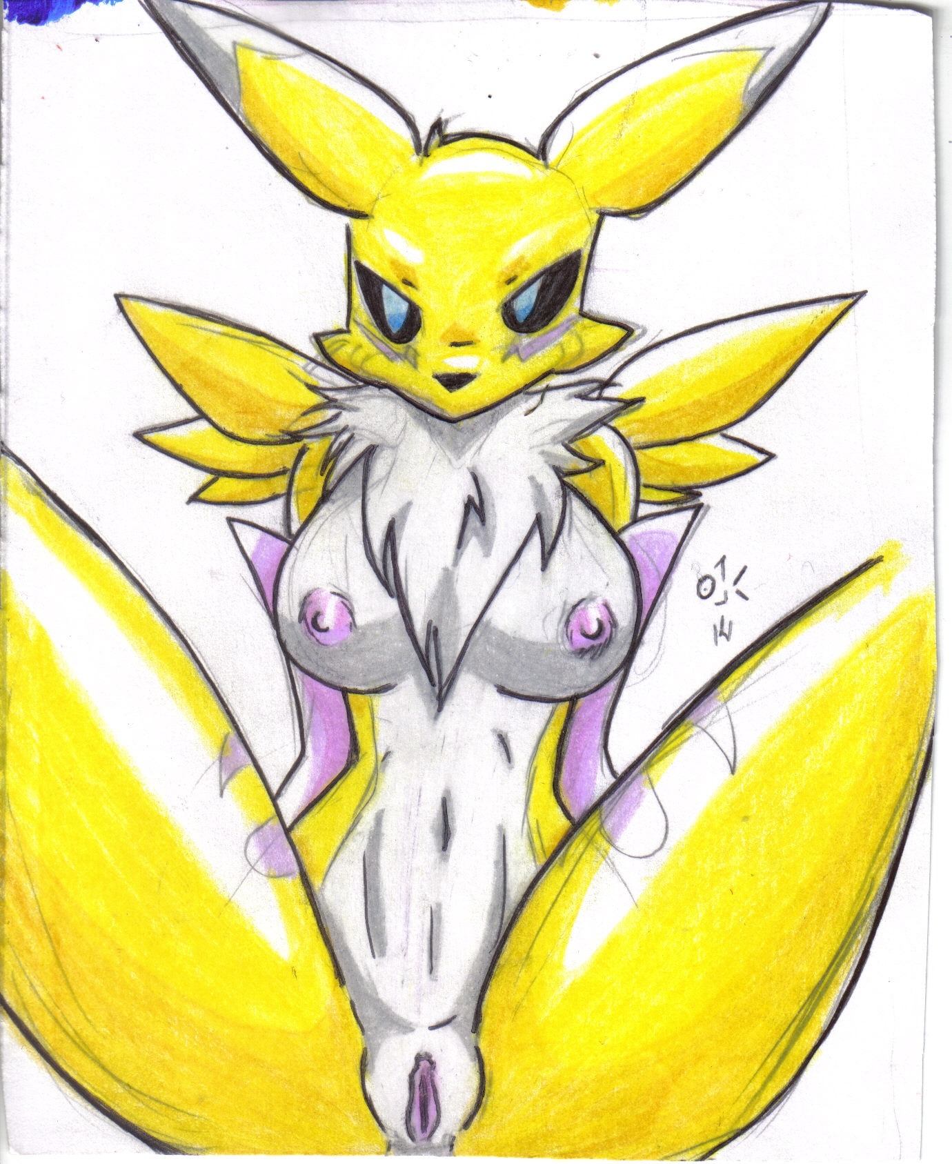 anthro bandai_namco black_sclera blue_eyes breasts canid canine chest_tuft clothing digimon digimon_(species) e621 facial_markings female front_view fur genitals gloves handwear head_markings hi_res mammal markings navel nipples obi-kun presenting presenting_vulva renamon solo spread_legs spreading tuft vulva white_body white_fur yellow_body yellow_fur