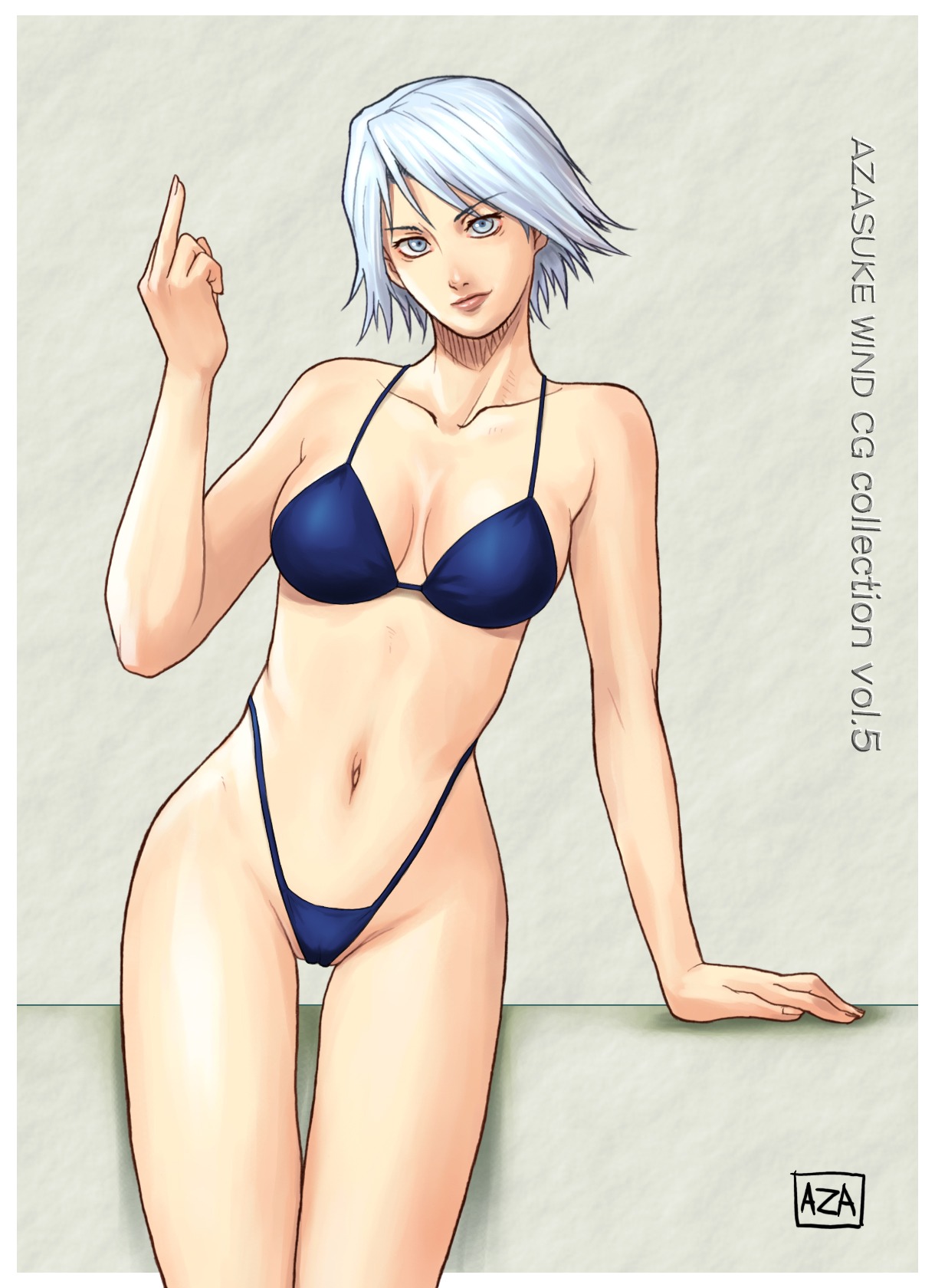 azasuke bikini blue_bikini breasts christie_(doa) dead_or_alive female g-string highres medium_breasts middle_finger rule34 swimsuit tecmo thong thong_bikini
