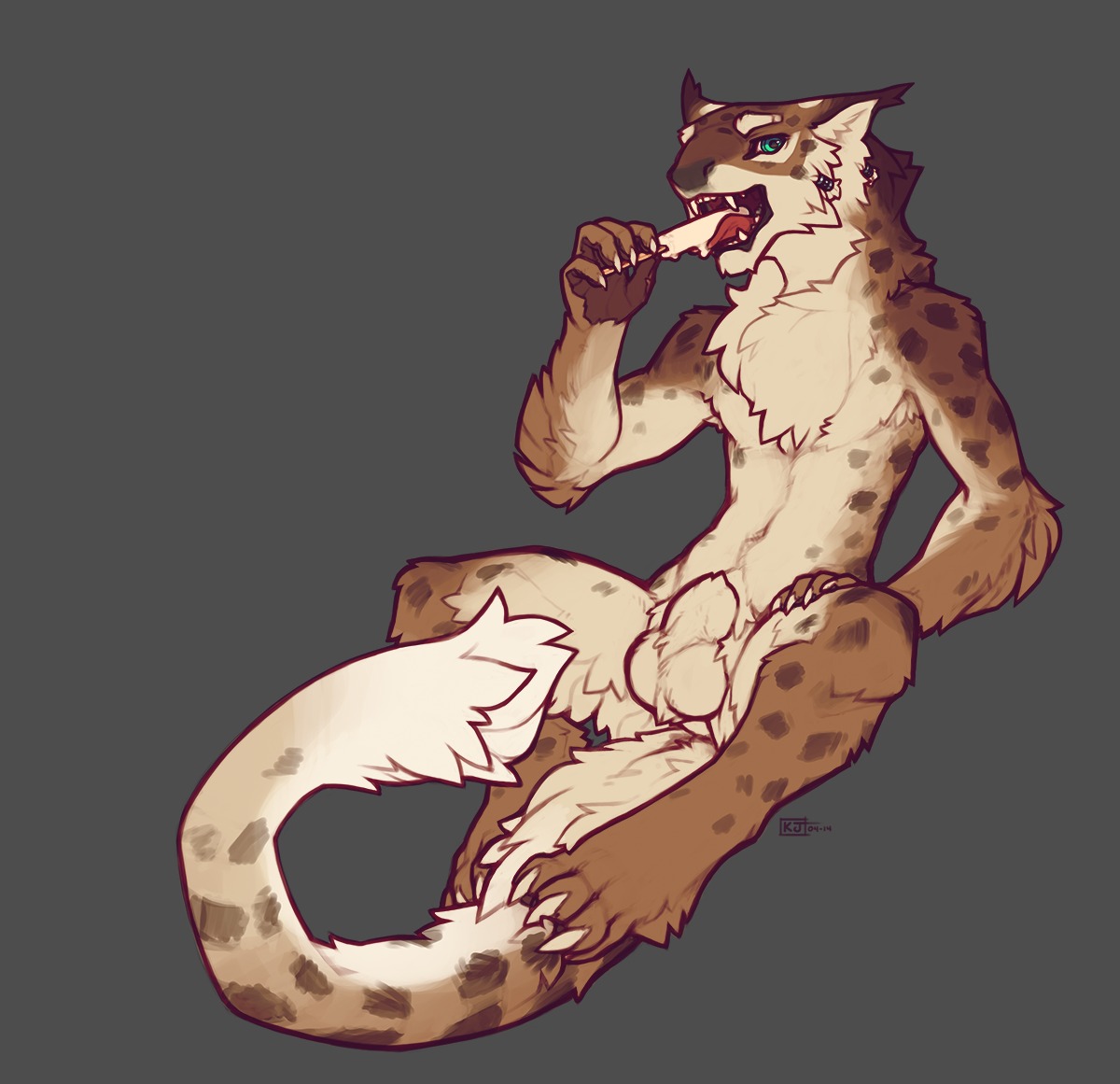2014 animal_genitalia anthro armpit_hair balls biped body_hair dessert e621 fangs felid food fully_sheathed genitals green_eyes hybrid ice_cream licking looking_at_viewer male mammal nude open_mouth sheath simple_background sitting snowskau solo teeth tetton tongue tongue_out