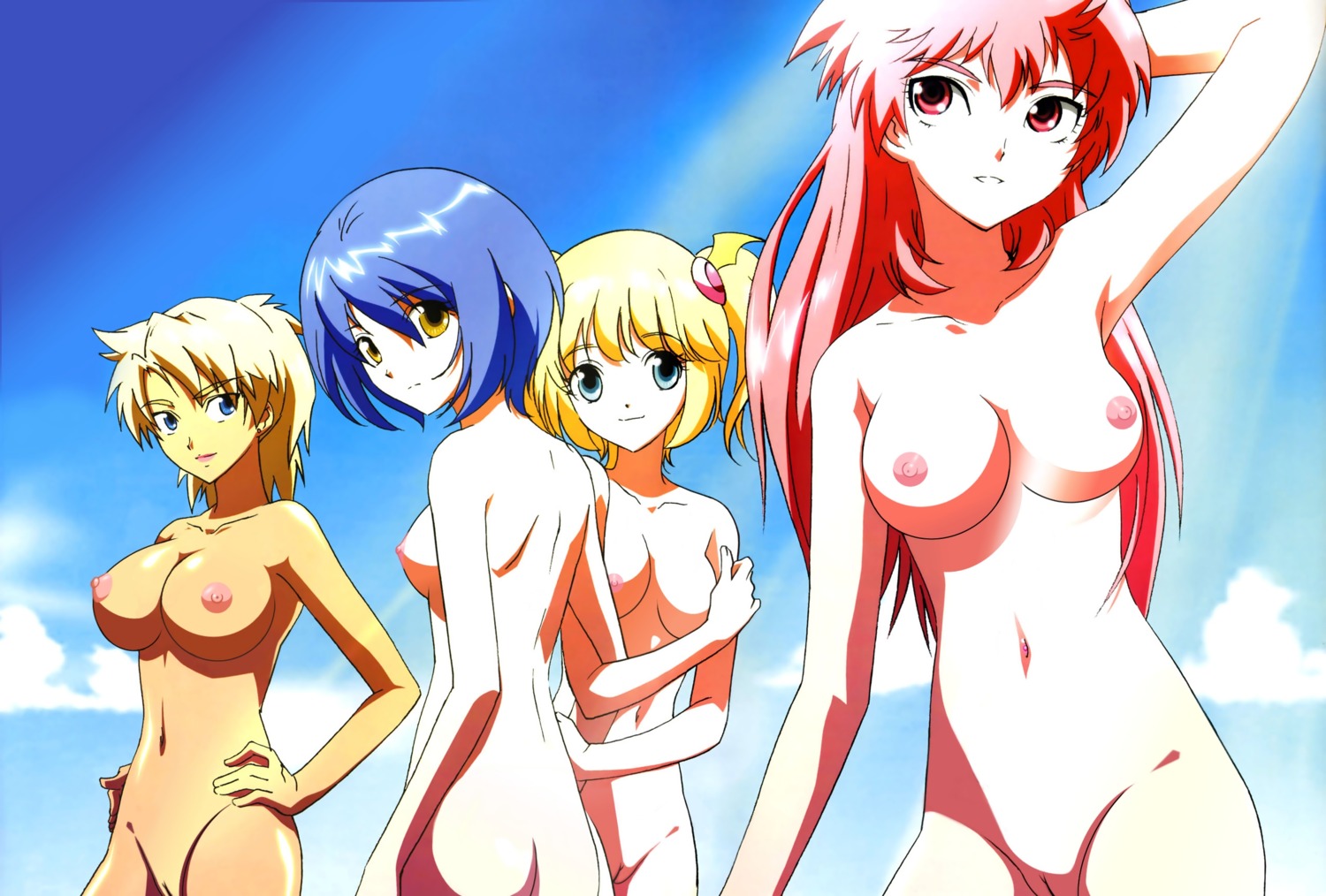 4girls blonde_hair blue_eyes blue_hair breasts dancouga_(series) dancouga_nova female hidaka_aoi highres megami multiple_females multiple_girls nipples nude nude_filter photoshop pussy red_eyes red_hair riruri_ruu rule34 scan tachibana_kurara uncensored yellow_eyes zenra