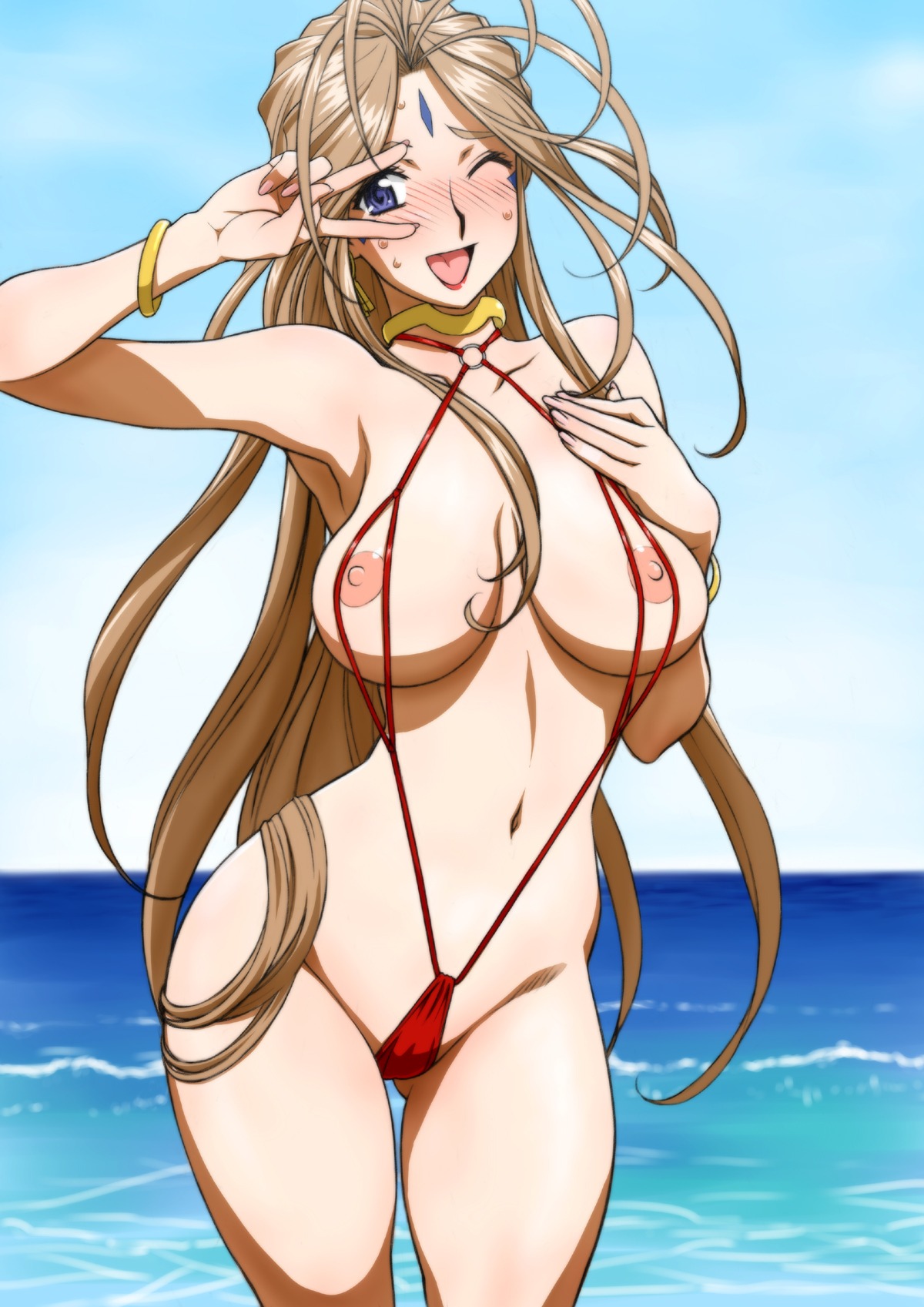 antenna_hair armlet beach belldandy blush breasts brown_hair collar earrings facial_markings female hand_on_chest jewelry joy_division medium_breasts nipples nude oh_my_goddess! outdoors pointy_chin public_nudity rule34 sweat swimsuit thigh_gap v wink