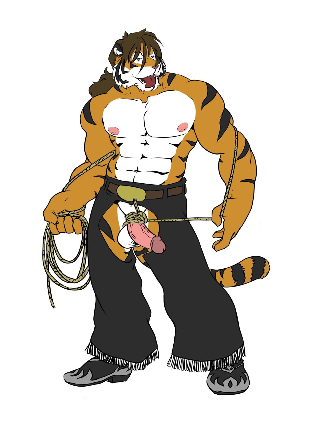 absurd_res anthro chaps cock_and_ball_torture e621 erection felid genital_torture genitals grisser hi_res humanoid_genitalia humanoid_penis male mammal muscular muscular_anthro muscular_male navel naver_(revankitty) pantherine penis revankitty rope simple_background solo stripes tail tiger white_background