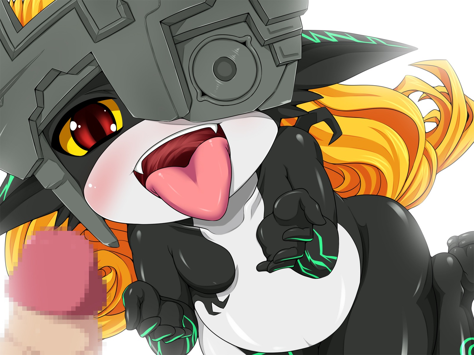 1boy 1girls amau_(artist) censored disembodied_penis duo erection female helmet highres imminent_fellatio imminent_oral imp imp_midna looking_at_penis male midna mosaic_censoring open_mouth penis princess red_eyes rule34 the_legend_of_zelda tongue tongue_out twili twilight_princess white_background yellow_sclera