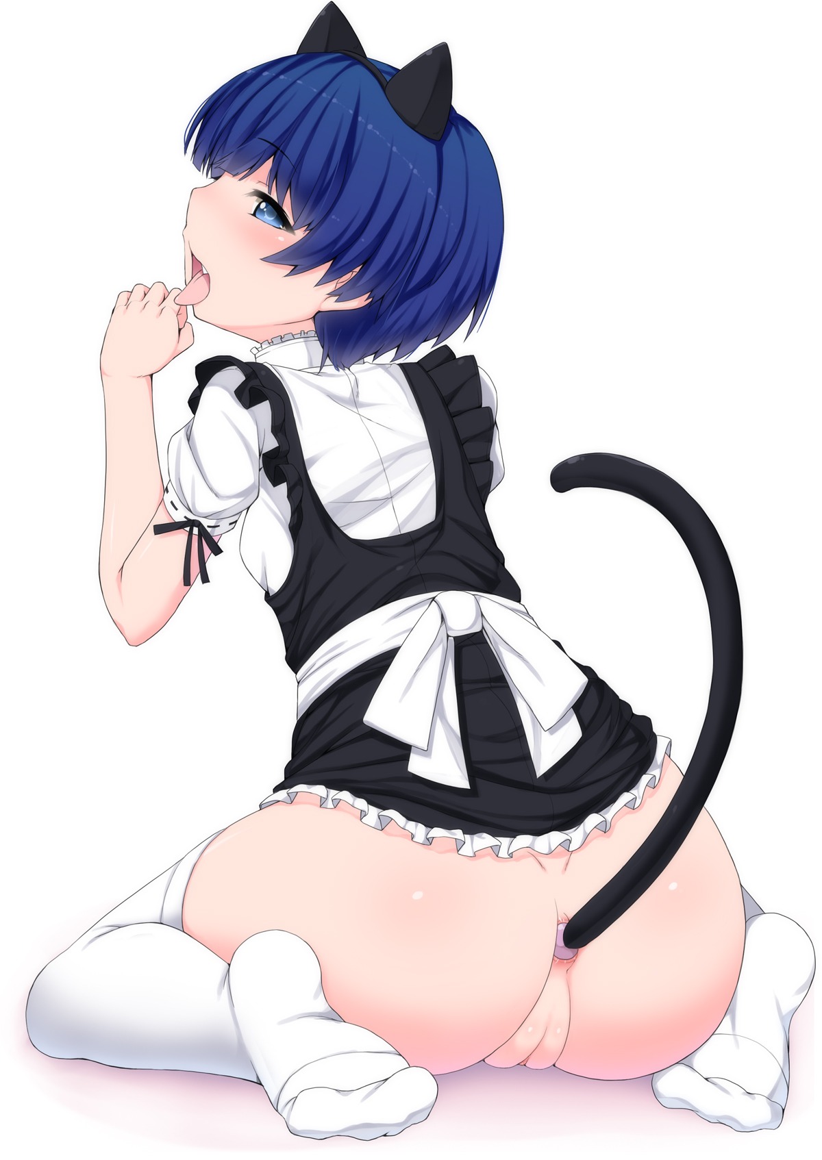 anal anal_beads anal_beads_tail animal_ears ano_natsu_de_matteru aqua_eyes ass blue_hair bottomless cat_ears cat_tail cute_fang fake_animal_ear female from_behind highres kneeling licking maid nectar_(fujiya) no_shoes open_mouth pussy rule34 short_hair simple_background sitting solo tail tanigawa_kanna thighhighs tongue tongue_out uncensored wariza white_legwear
