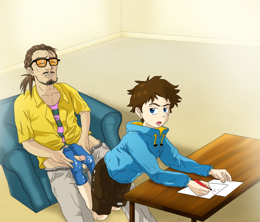 2boys blue_eyes book brown_hair cum cum_on_feet ejaculation flcl footjob gay incest kamon_nandaba long_hair male male_only multiple_boys multiple_males naota_nandaba penis rule34 short_hair table yaoi