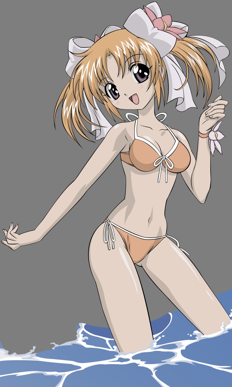 1girls apricot_sakuraba bikini blush breasts cleavage female flower galaxy_angel galaxy_angel_rune high_resolution ocean open_mouth orange_bikini orange_hair purple_eyes ribbon ribbons rule34 short_twintails side-tie_bikini solo swimsuit tied_hair transparent_background twintails vector_trace water