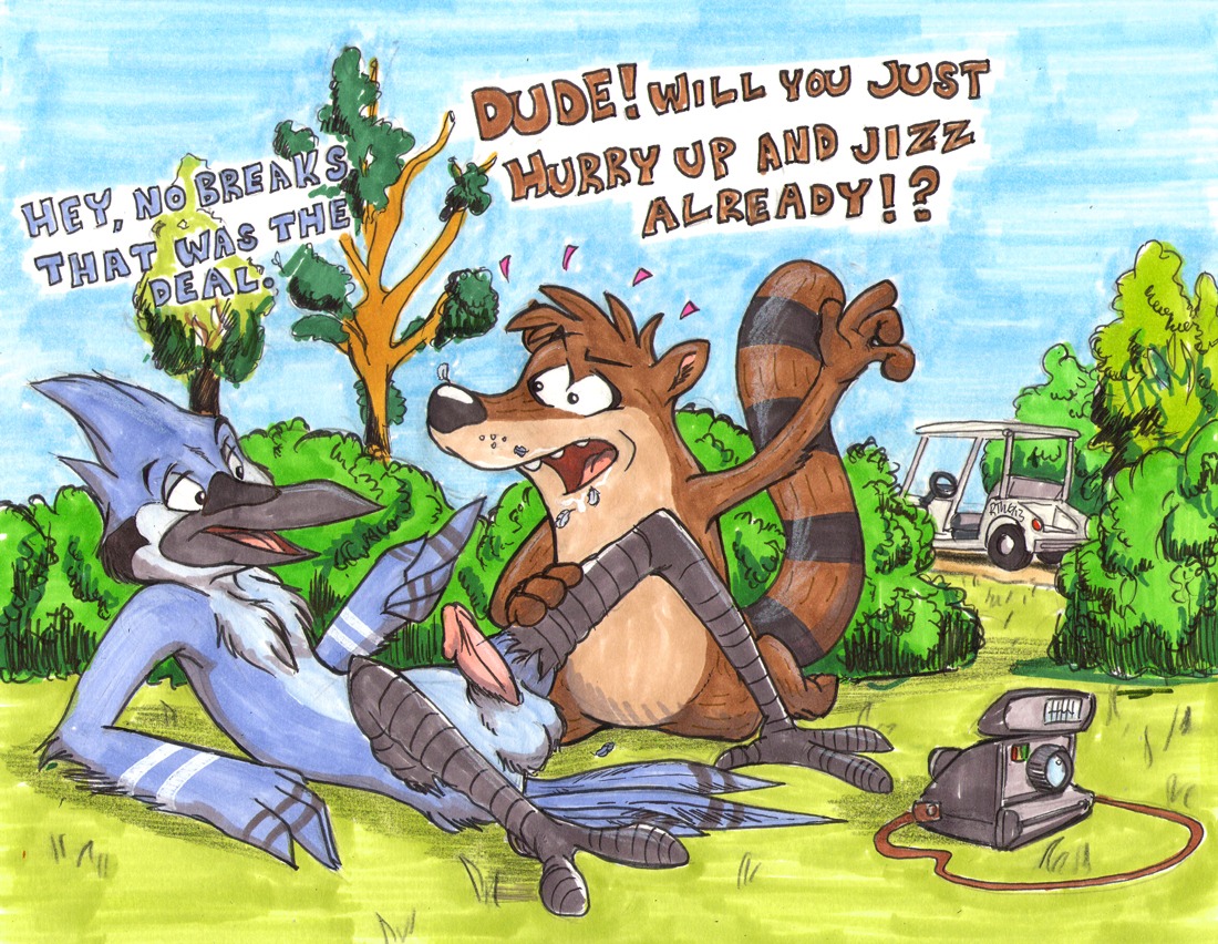 3_toes animal_genitalia annoyed anthro avian avian_feet balls barefoot beak bird blue_body blue_feathers blue_jay brown_body brown_fur camera car cartoon_network cloud corvid deerleader dialogue digital_media_(artwork) duo e621 english_text erection feathers featureless_crotch feet fur genitals golf_car grass humanoid_genitalia humanoid_penis interspecies jay_(bird) landscape lying male male/male male_penetrated male_penetrating male_penetrating_male mammal markings mordecai_(regular_show) new_world_jay nude on_back open_mouth oral oscine outside passerine penetration penis plant procyonid raccoon reclining regular_show rigby_(regular_show) ring_(marking) ringed_tail sex sheath sky spread_legs spreading striped_markings striped_tail stripes tail tail_feathers tail_markings teeth text toes tongue tree vehicle