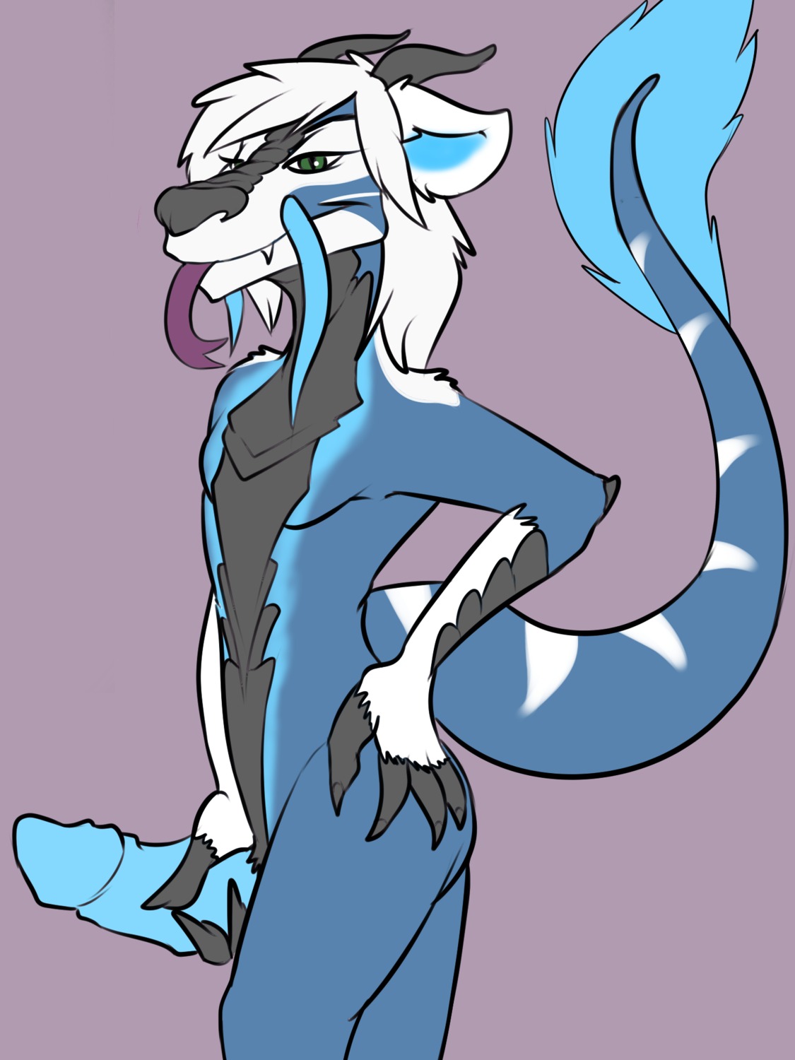 anthro asian_mythology belly biped black_belly black_body black_nose black_skin blue_body blue_penis blue_skin digital_media_(artwork) dragon e621 east_asian_mythology eastern_dragon erection forked_tongue fur genitals green_eyes hair hand_on_hip hi_res horn long_hair long_tongue looking_at_viewer male masturbation morhlis mythological_creature mythological_scalie mythology nude penile penile_masturbation penis pink_background pose pupils purple_tongue scalie sharp_teeth simple_background slit_pupils solo standing tail teeth tongue tongue_out whiskers white_body white_fur white_hair