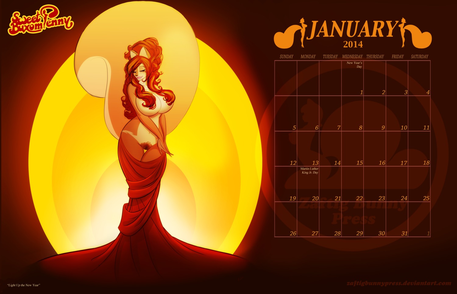 2014 absurd_res anthro big_breasts big_tail biped breasts calendar calendar_graphic curvy_figure e621 english_text female freckles fur hair hi_res lips long_hair mammal nude orange_body orange_fur penny_flynn pinup pose pubes red_hair rodent sciurid smile solo standing tail text tree_squirrel voluptuous yellow_body yellow_fur zaftigbunnypress